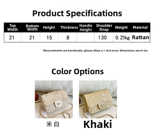 Detailed size chart for straw chain square bag with 21x15x8cm product dimensions