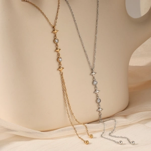 Stainless Steel Y-Shaped Lariat Necklace With Zircon Four-Pointed Star Pendant Waterproof Elegant Jewelry For Women
