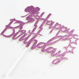 Purple glitter Happy Birthday cake topper featuring fairy silhouette and stars decoration