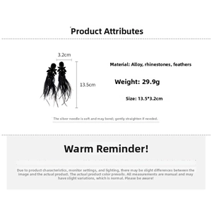 Detail specifications of black feather tassel earrings with rhinestones and 925 silver needle