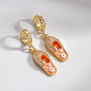 Goldene Flip-Flop-Ohrringe mit orangefarbenem Emaille-Augenmuster und Zirkon-Besatz