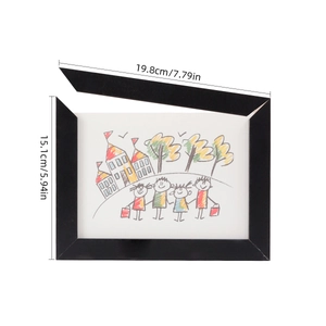 Front-opening black kids art frame showing 19.8x15.1cm external dimensions and internal storage