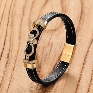 Infinity Symbol Leather Rope Bracelet Stainless Steel Buckle Rhinestone Inlaid Hip Hop Fashion Jewelry For Men Women