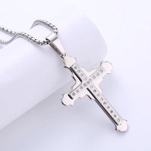 Silver stainless steel double-layer necklace with a cross pendant and sparkling crystals
