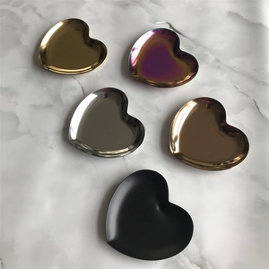 Set of 5 heart-shaped stainless steel storage trays in gold, silver, and rainbow finishes