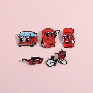 Set of 5 cartoon red enamel pins featuring anthropomorphic bus schoolbag and telephone box