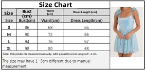 Size chart for blue sequin mini dress with bust and waist dimensions in centimeters