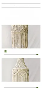 Macro detail of hand-woven bohemian lampshade with ivory cotton ropes and fringe