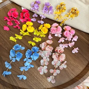Handmade chiffon fabric flower tassel drop earrings in various vibrant floral colors