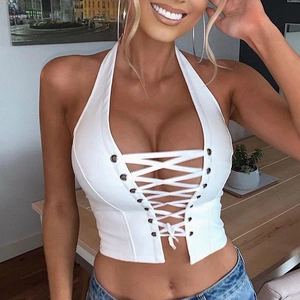 White halter neck tie-back cropped top for women in a stylish backless minimalist design