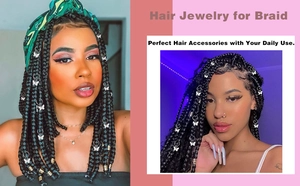 Detail showing butterfly charms and spiral metal rings for braids on a fashion model