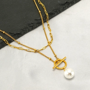 Collier double rang en acier titane avec pendentif perle et fermoir à bascule OT doré