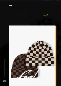 Close-up of thick knitted checkered beanies showing texture in brown and beige