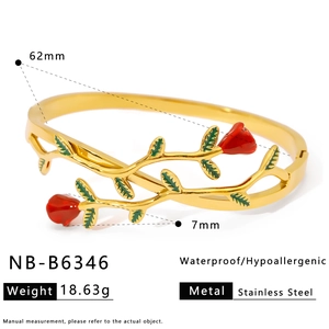 Detail view of gold stainless steel rose vine bangle showing 62mm diameter and dimensions