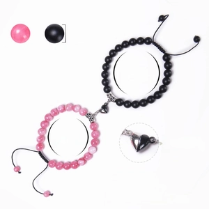 Bracelet magnétique cœur pour couple en quartz rose 8mm et perles noires mates