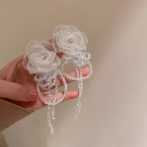 Elegant white mesh flower drop earrings with crystal beads for a sweet feminine style
