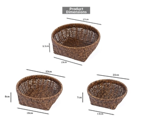 Size chart showing three woven storage baskets in small, medium, and large dimensions