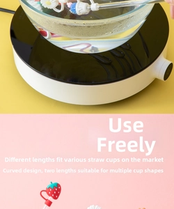 Detail view of food-grade silicone cartoon straw covers and flexible glass straws