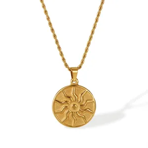 Vintage Stainless Steel Sun Pendant Necklace For Women Gold Plated Round Medallion Sunburst Rope Chain Minimalist Jewelry Gift
