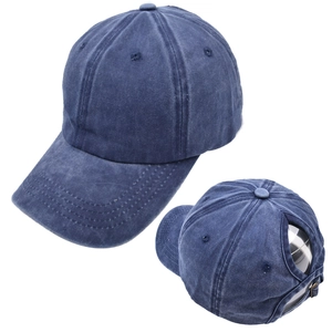 Detail of washed blue ponytail baseball cap with back opening and adjustable metal buckle