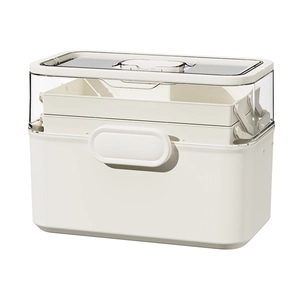 Three-layer beige home first aid kit with transparent lid and foldable storage trays