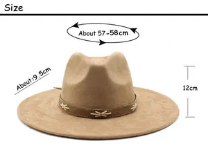 Size chart showing 57-58cm head circumference and 9.5cm brim for the khaki fedora