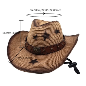 Western straw cowboy hat with black stars and size guide 56-58cm for outdoor sun protection