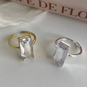 Minimalist S925 sterling silver open ring set with large rectangular zircon stones