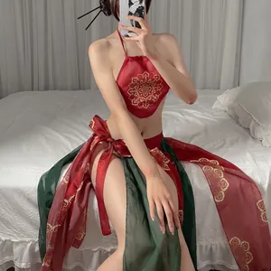 Sexy Chinese traditional red lingerie set with gold floral embroidery and sheer wrap skirt