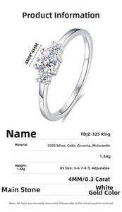 Macro detail of S925 sterling silver three-stone ring showing adjustable size and parameters