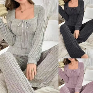 Women Pajamas Ribbed Knit Square Neck Ribbon Bow Long Sleeve Top And Wide Leg Pants Loungewear Sleepwear Soft