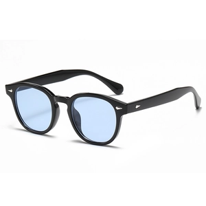 Lunettes de soleil rondes noires vintage avec verres bleu clair et rivets argentés