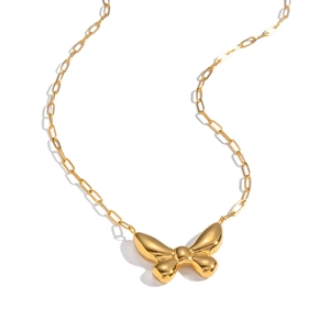 Polished 18K gold plated stainless steel butterfly pendant necklace on white background