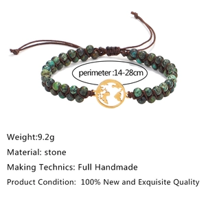 Handmade African turquoise beaded bracelet with gold stainless steel world map charm