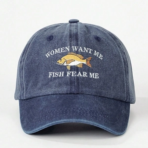 Washed navy denim baseball cap featuring colorful fish embroidery and funny fishing slogans