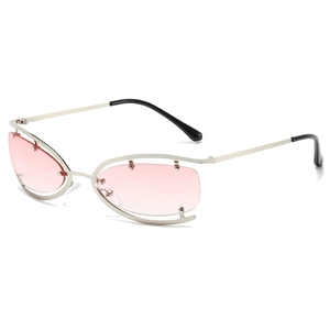 Futuristic rimless oval sunglasses with silver hollow frame and pink gradient lenses