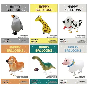 Various walking animal foil balloons including giraffe and puppy for party decor