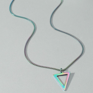 Detailed close-up of rainbow titanium steel triangle pendant with metallic chain