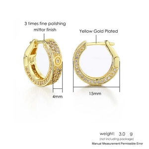 Gold plated 15mm hoop earrings with micro paved crystals and polished finish for women