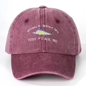 Vintage washed wine red baseball cap with Fish Fear Me embroidery and marlin design