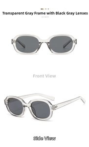 Detail view of oval sunglasses with transparent grey frame and dark grey UV lenses
