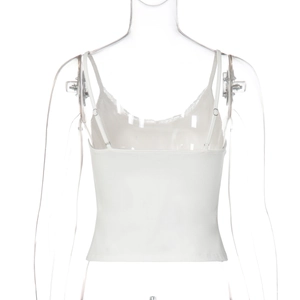 Detailed back view of white lace camisole with slim straps on transparent mannequin