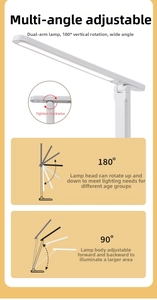 White LED desk lamp with 180-degree folding head and 90-degree adjustable dual arm stand