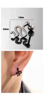 Macro view and model shot of snake-shaped punk earrings with 1.29cm by 0.85cm dimensions