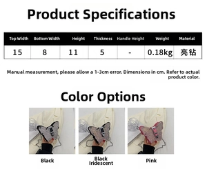 Detailed dimension chart and material specs for rhinestone butterfly mini handbag