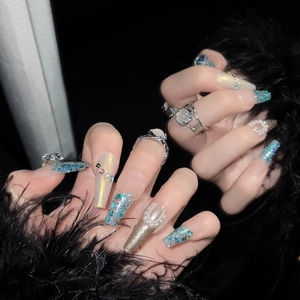 Handmade light pink coffin press-on nails with sparkling rhinestones and white pearls