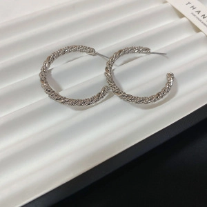 Macro shot of silver twisted hoop earrings with textured metal finish on a display tray