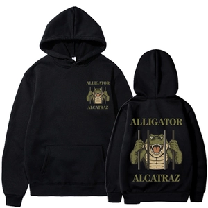 Black Alligator Alcatraz hooded sweatshirt featuring cartoon print on both front and back