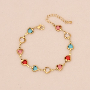 Golden stainless steel bracelet with colorful heart-shaped stones and lobster clasp closure