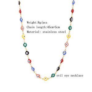 Detail view of colorful stainless steel evil eye necklace with size and weight info